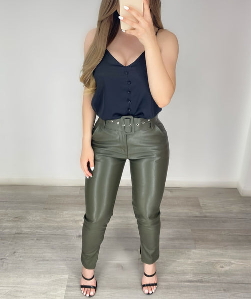 Nilia Olive Leather Pants